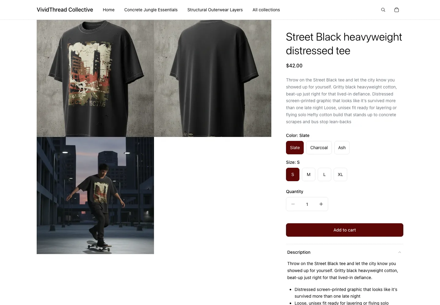 VividThread Collective product page for Street Black heavyweight distressed tee showing color and size selectors, price $42.00, with product and skate lifestyle images
