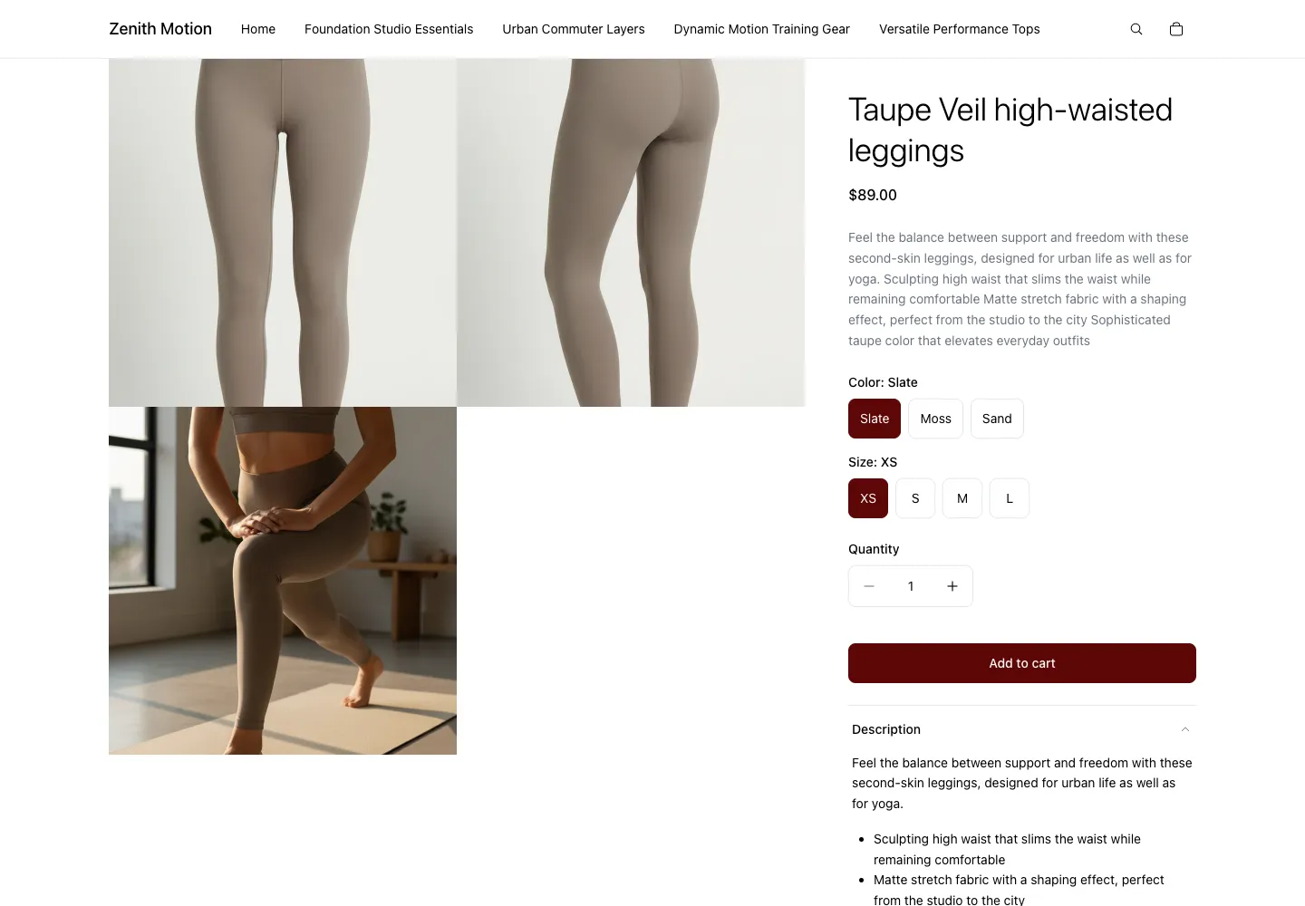 Zenith Motion product page for Taupe Veil high-waisted leggings, $89, showing close-up legging views and a yoga studio lifestyle photo, with Color and Size selectors and Add to cart button