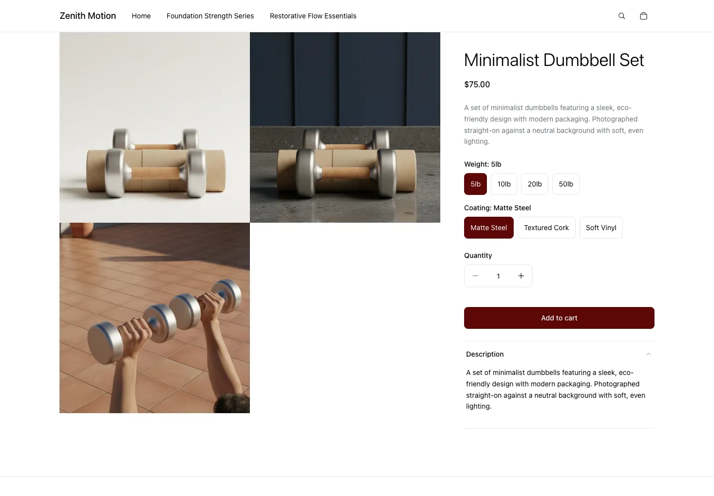 Zenith Motion product page for a minimalist dumbbell set with cork handles and matte steel ends, $75, with weight and coating options and a person lifting the weights overhead