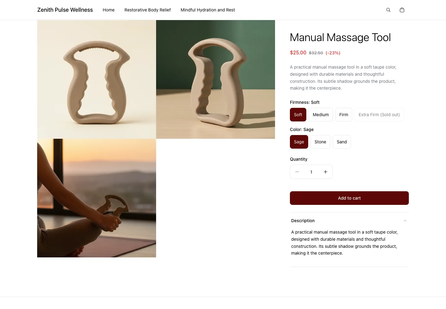 Zenith Pulse Wellness product page for Manual Massage Tool showing firmness and color selectors with Extra Firm sold out, sale price $25.00, with product and meditation lifestyle images