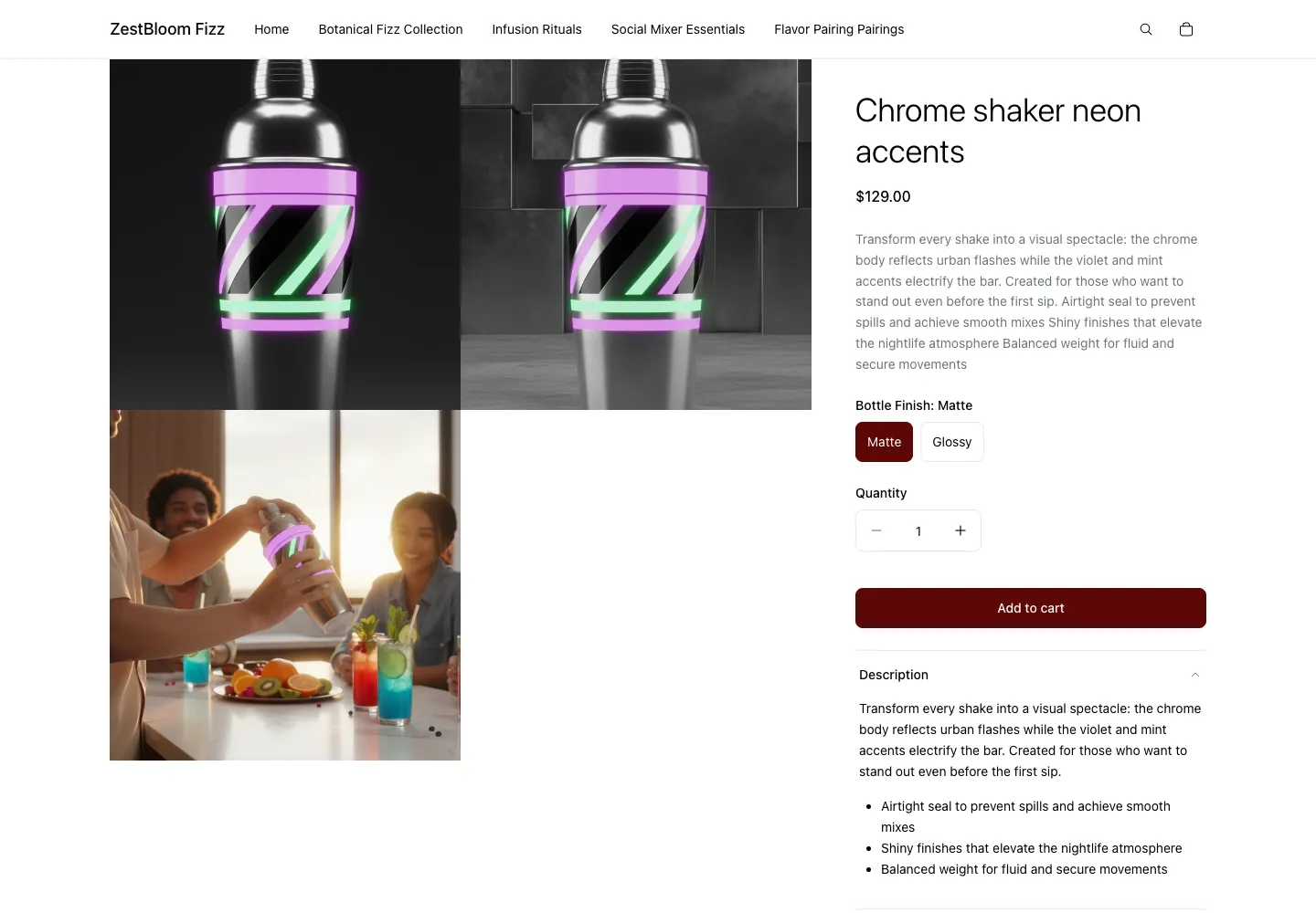 ZestBloom Fizz’s Chrome shaker neon accents product page with a product image, USD 129.00 price, and an Add to cart button.