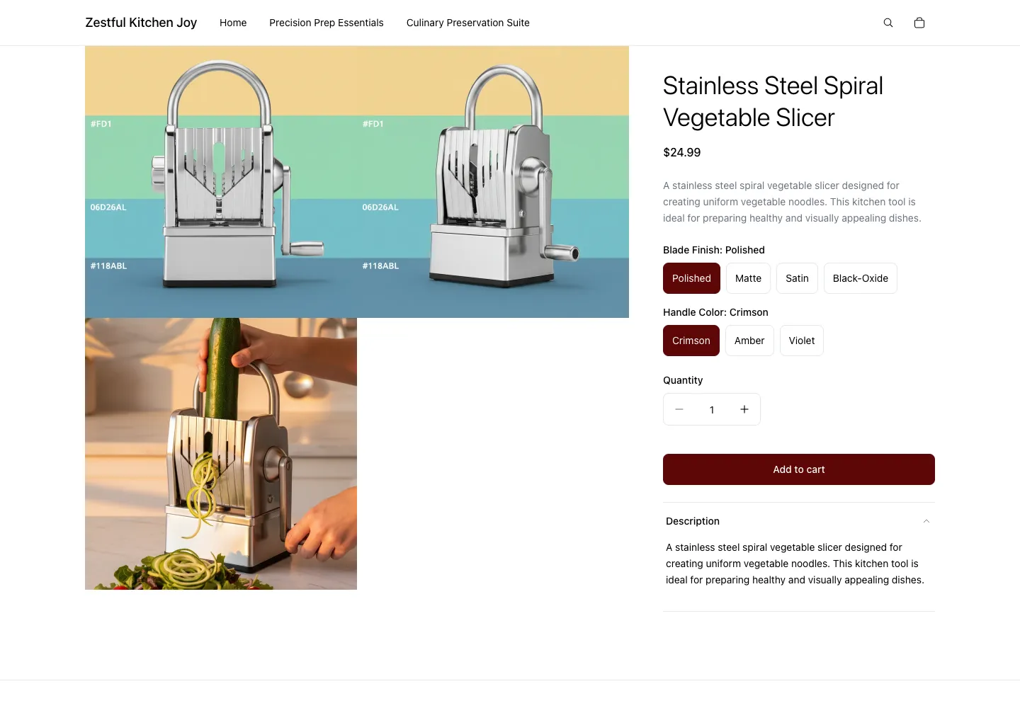 Stainless Steel Spiral Vegetable Slicer product page on Zestful Kitchen Joy, showing arch-shaped metal slicer on colorblocked background and in use spiralizing cucumber, blade and handle selectors